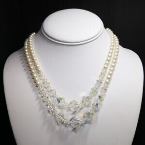 Vintage Faux Pearl & AB Crystal Two Strand Wedding Necklace 1950s